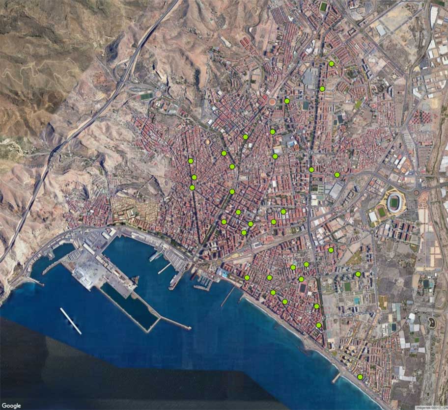 Qgis - distribución farmacias zona urbana imagen satélite